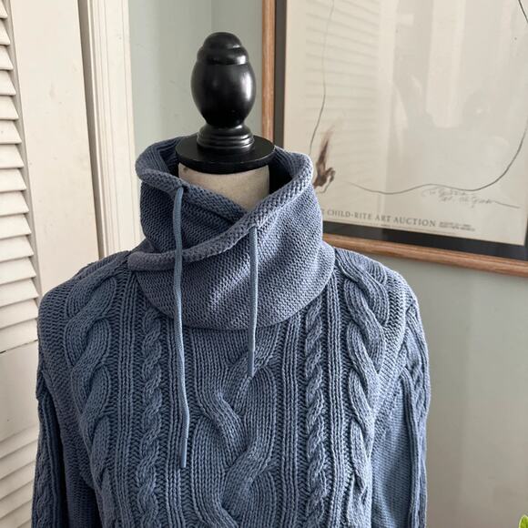 LL Bean Sweater Womens Large Petite Blue Cable Knit Funnel Neck Pullover Classic - Picture 4 of 10